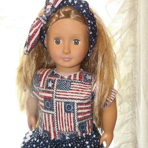 Red White Blue Doll Dress and Head Band for 18 inch Dolls Hand Crafted - Picture 1 of 16